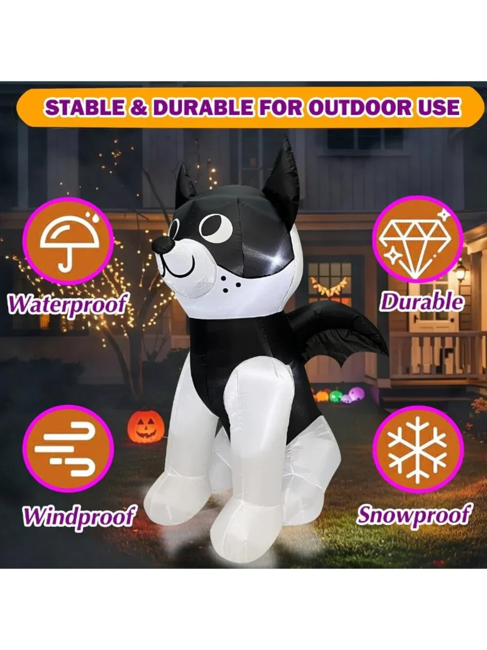 4FT Halloween Inflatable French Bulldog with Bat Wings - LED Yard Decor for